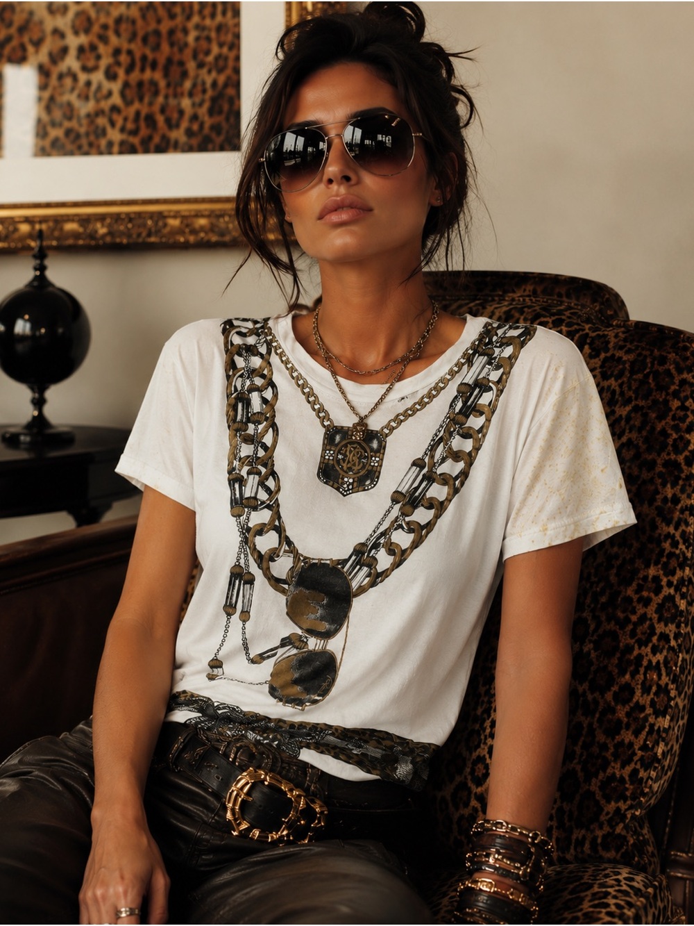 Roberto Cavalli White Tee with Gold and Black Chain-Print Necklace VINTAGE